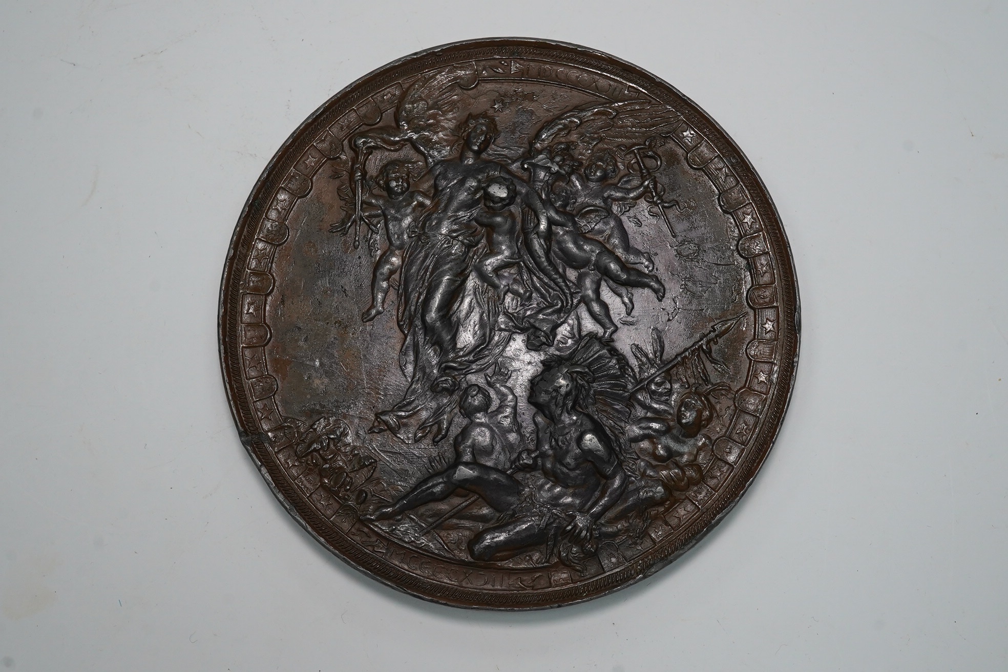 Italy Historical medals, 400th Anniversary of the Discovery of America, 1892, a bronzed-lead medal by A. Cappuccio after L. Pogliaghi, bust of Columbus facing three-quarters left in central medallion, standing figures to